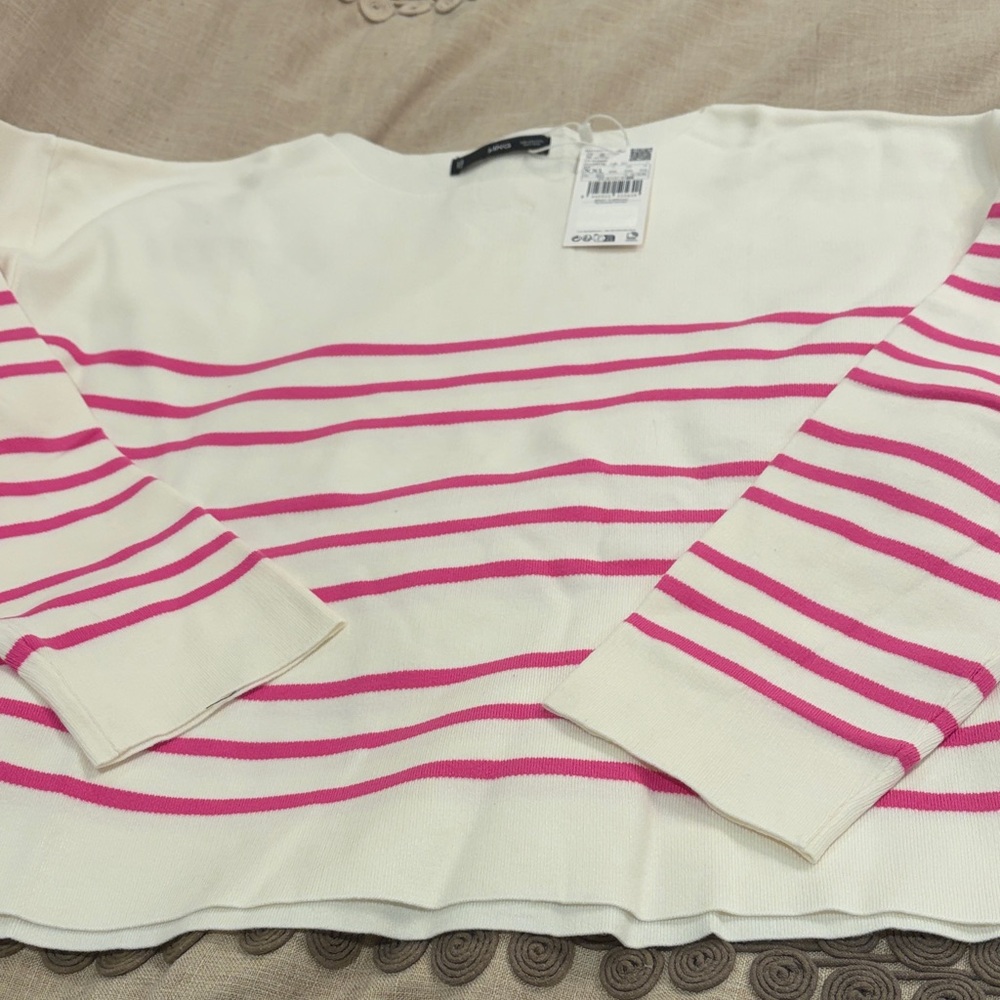 Mango White w/ Fuchsia Stripes Boat-Neck Knitted Sweater/NWT/XXL - Picture 7 of 14